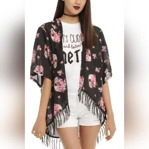 Hot Topic • Black Floral Skull Kimono Fringe Sheer Boho Gothic • Medium